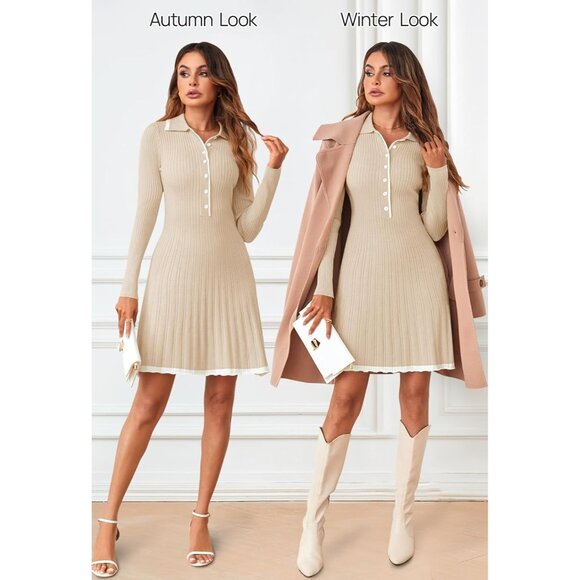 Merokeety Women's Apricot Long Sleeve V Neck Button Knit Pleated Sweater Dress - Picture 5 of 7